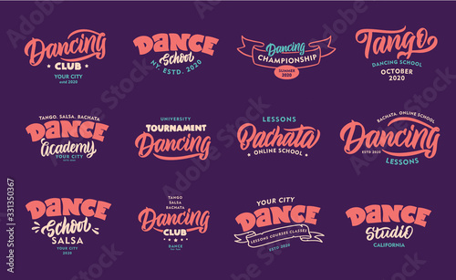 Set of vintage Dancing emblems, phrases Dance sport badges, stickers on purple background isolated.