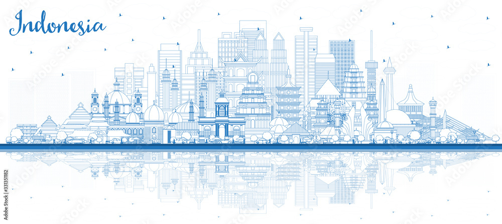 Outline Indonesia Cities Skyline with Blue Buildings and Reflections.