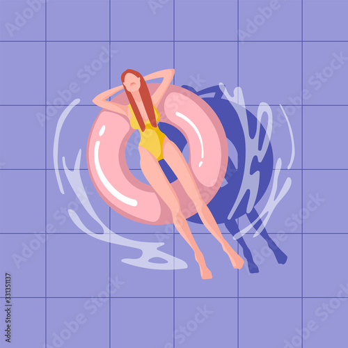 Swimming pool top view background. Girl sunbath on ring in the swimming pool. Realistic summertime illustration. Pool party. Summer poster.