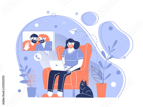 The character of the girl in a protective medical mask communicates remotely over the network. Stay home during the coronavirus pandemic. Home quarantine.
