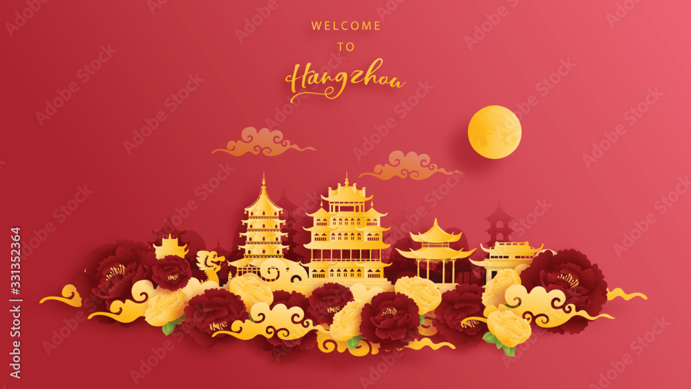 custom made wallpaper toronto digitalHangzhou, China world famous landmark in gold and red background. Paper cut vector illustration.