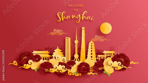 Shanghai, China world famous landmark in gold and red background. Paper cut vector illustration.