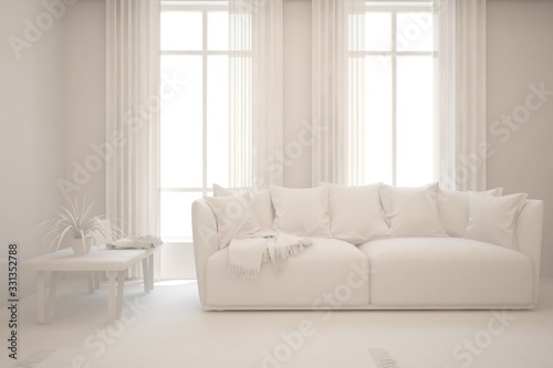 White minimalist living room with sofa. Scandinavian interior design. 3D illustration © AntonSh