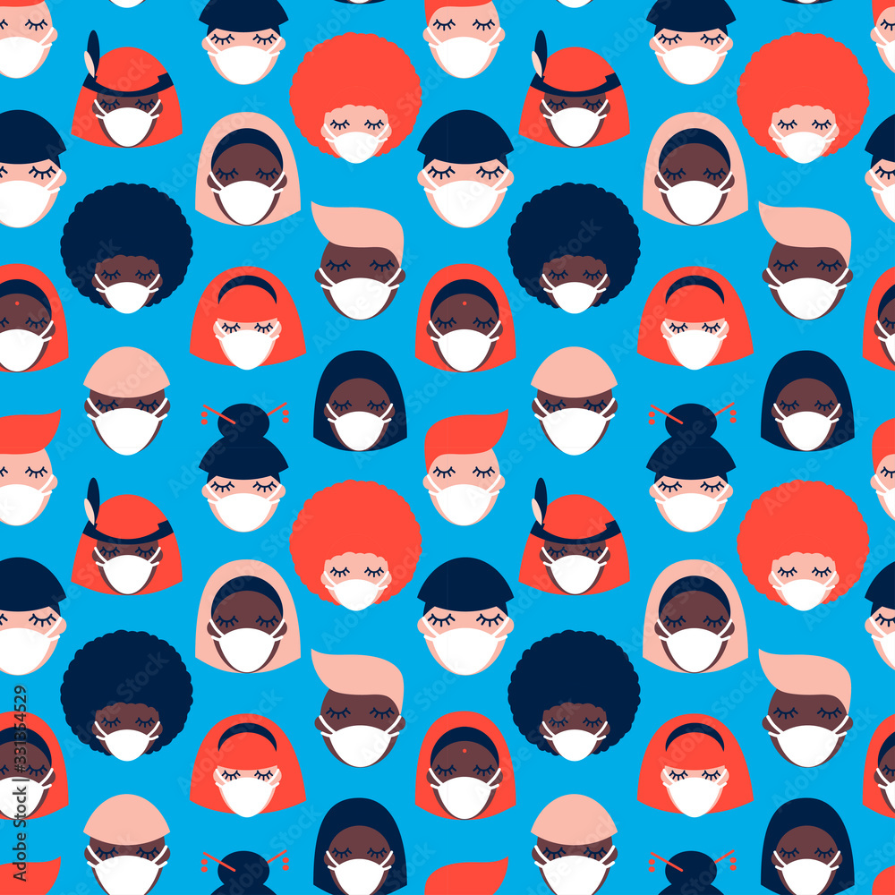 Coronavirus pandemic. Covid-19. seamless pattern with people of different nationalities in white medical face masks on blue background Coronavirus pandemic. Covid-19. seamless pattern with people of different nationalities in white medical face masks on blue background