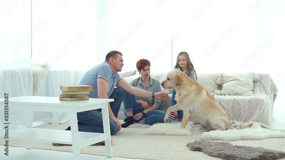 Cheerful Family of Three Playing with Their Dog at Home. Labrador Retriever Dog Giving the Paw to Its Owner. Domestic Animals and People Concept Cheerful Family of Three Playing with Their Dog at Home. Labrador Retriever Dog Giving the Paw to Its Owner. Domestic Animals and People Concept