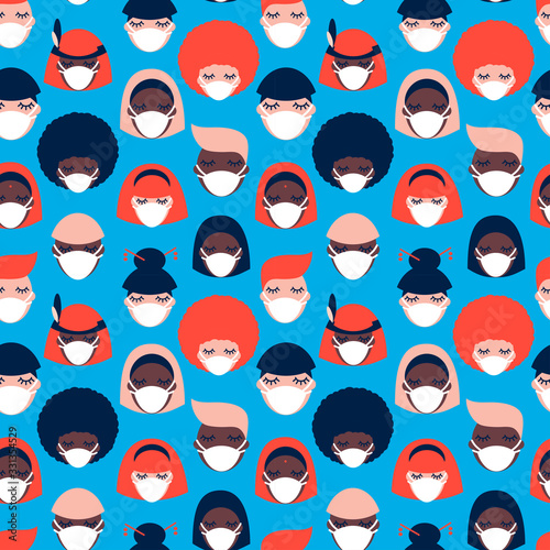 Coronavirus pandemic. Covid-19. seamless pattern with people of different nationalities in white medical face masks on blue background