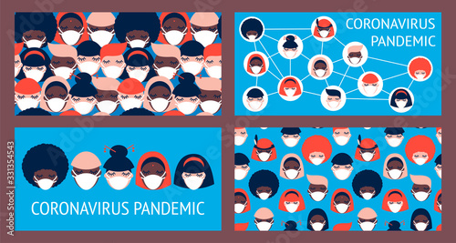 set of four templates with people of different nationalities in white medical face masks on blue background. Coronavirus pandemic. Covid-19.
