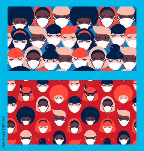 set of two seamless pattern with people of different nationalities in white medical face masks on blue and red background. Coronavirus pandemic. Covid-19.