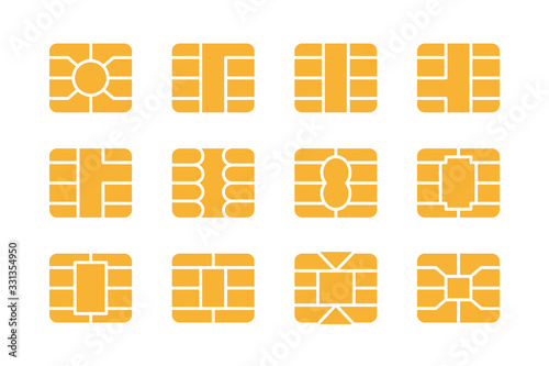 EMV chip icon set. Nfc chip for credit card security. Digital bank payment symbol.