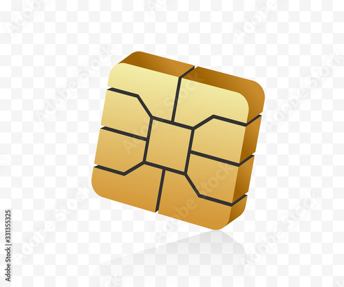 3D style EMV microchip. Nfc technology for secure contactless payments. Golden SIM card chip.