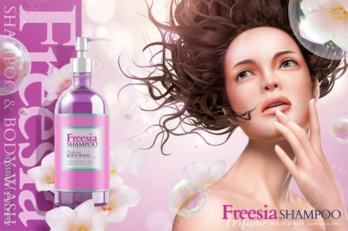 Freesia shampoo ads with model