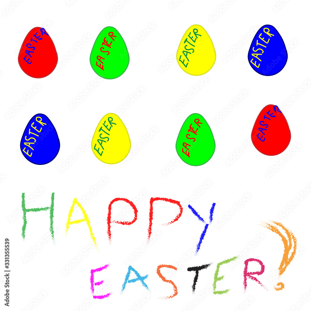 easter eggs on diferent colours and Happy Easter writing