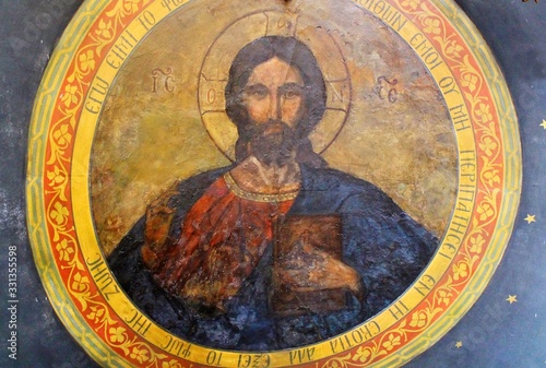 Dome fresco of Jesus Christ inside an old byzantine orthodox church in Athens, Greece 