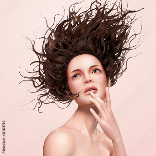 Flowy hair woman looking up