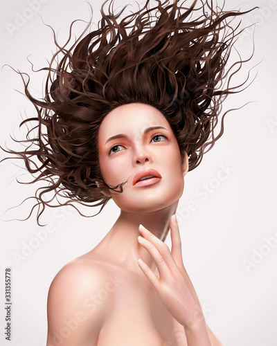 Flowy hair woman looking up