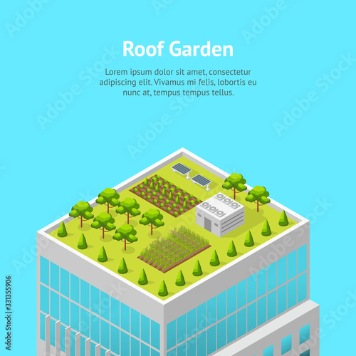 Garden on The Roof Concept Card Ad 3d Isometric View. Vector