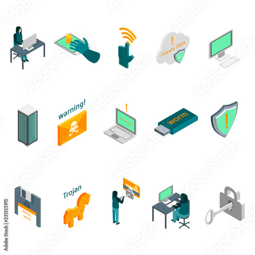 Hacker Attack Concept Icon Set 3d Isometric View. Vector