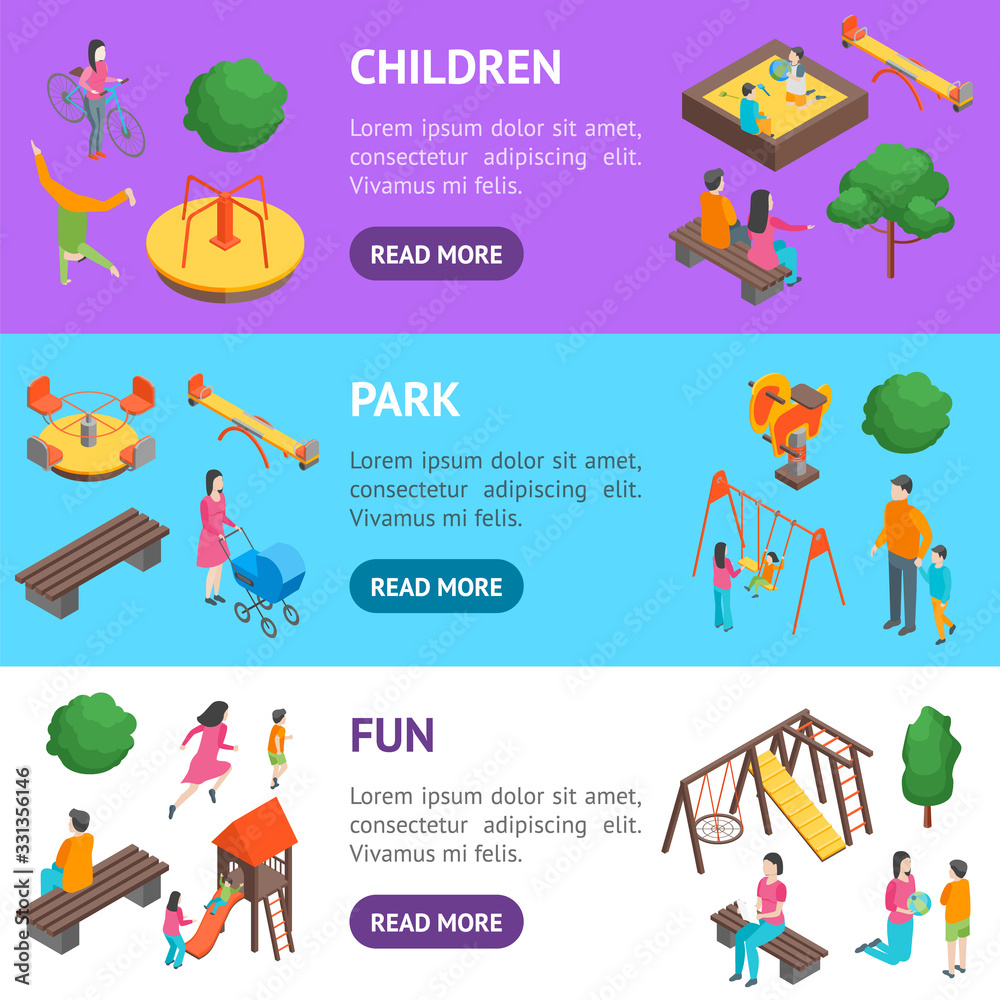 Children Park Concept Banner Horizontal Set 3d Isometric View. Vector