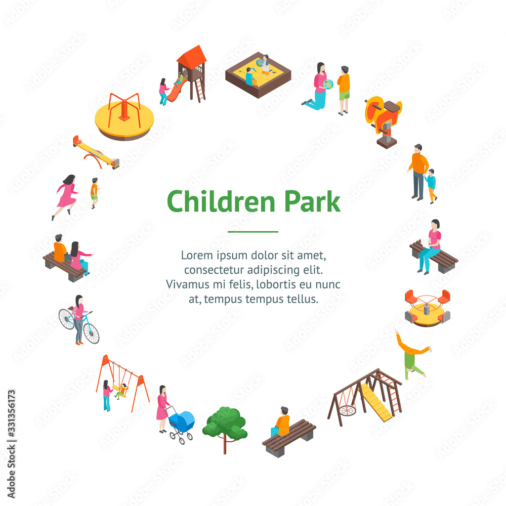 Children Park Concept Banner Card Circle 3d Isometric View. Vector Children Park Concept Banner Card Circle 3d Isometric View. Vector
