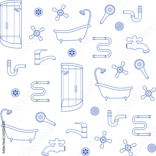 Plumbing, sanitary equipment. Plumbing concept background, sale, installation, service. Vector seamless pattern for plumbing store, sanitary engineering shop, printing on packaging, fabric, textile