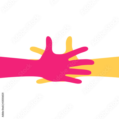 Two hands reaching to each other. Handshake, Love relationship teamwork together. Vector illustration isolated on white background.