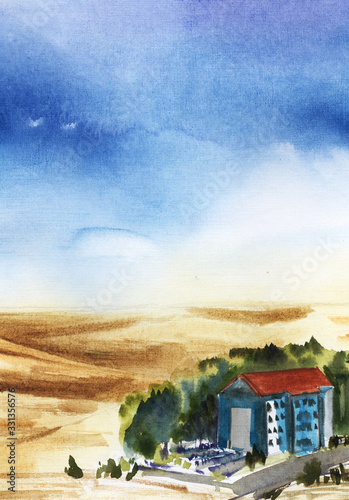Watercolor landscape of residential high-rise blue building with red roof surrounded by green woods in middle of vast desert under bright blue sky. Hand drawn abstract illustration