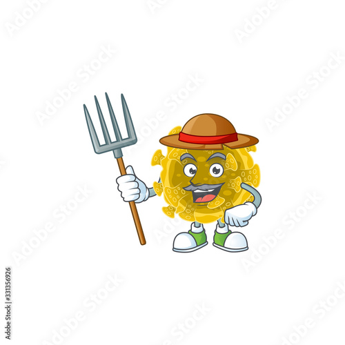 Infectious coronavirus in Farmer mascot design with hat and pitchfork