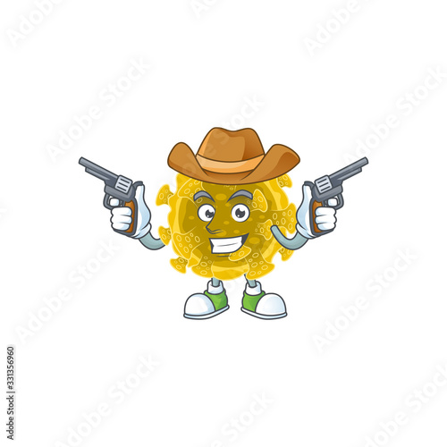 Cool cowboy cartoon design of infectious coronavirus holding guns