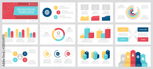 Set of grey, yellow, red, dark blue and turquoise elements for multipurpose presentation template slides with graphs and charts.