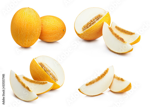Set of deicious cut melon fruits, isolated on white background
