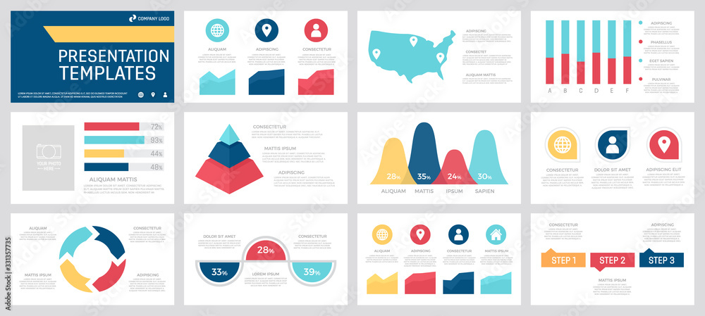 Plakat Set of yellow, red, blue and turquoise elements for multipurpose presentation template slides with graphs and charts.