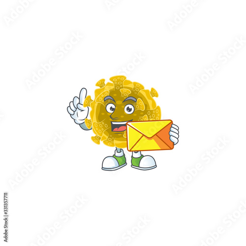 Cute face infectious coronavirus mascot design holding an envelope