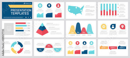 Naklejka Set of yellow, red, blue and turquoise elements for multipurpose presentation template slides with graphs and charts.