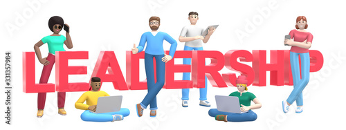 Group of young multiethnic successful people with laptop  tablet  phone and word leadership on white background. Horizontal banner cartoon character and text website slogan. 3D rendering.