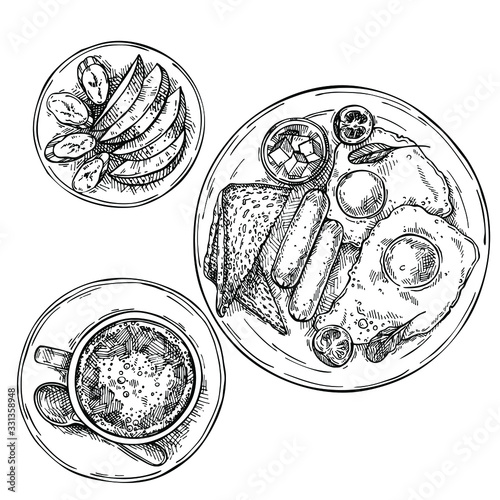 Hand drawn fried eggs with sausages, tomato, butter and toasts.Sliced fruit on a plate: apple and banana. Cup of tea, coffee, hot chocolate on plate. Sketch top view breakfast.