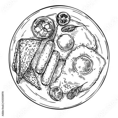 Hand drawn fried eggs with sausages, tomato, butter and toasts.
Sketch top view breakfast.