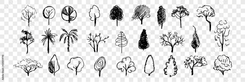 Hand drawn trees doodle set collection