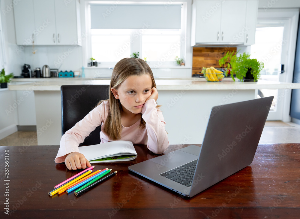 Coronavirus school closures and lockdown. Bored child with face mask studying online class at home Coronavirus school closures and lockdown. Bored child with face mask studying online class at home