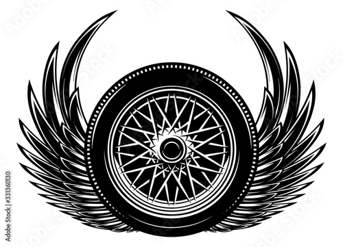 Vector monochrome illustration with wings and wheel