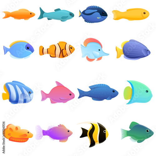 Ichthyology icons set. Cartoon set of ichthyology vector icons for web design