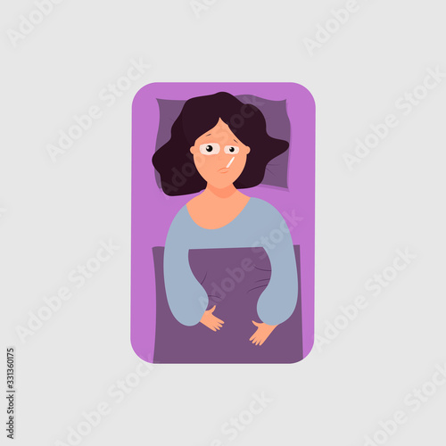 A sick woman lies in bed with a thermometer in her mouth. Vector. Flat cartoon style. Isolated on white background