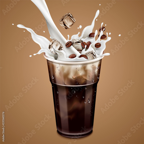Cold latte with pouring milk