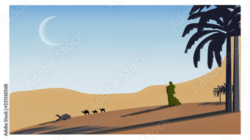 Art   Illustration Panorama of Muslim woman Making Traditional Prayer To God  Dua  in Ramadan celebration Panoramic scene of traveler Muslim life in the desert. cartoon vector of dust sand desert