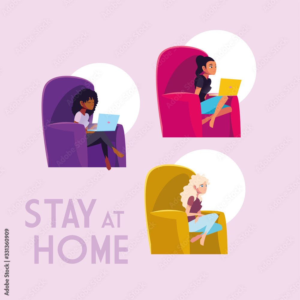 stay at home awareness social media campaign and coronavirus prevention: women connecting with her laptop