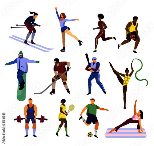 Illustrations that is showing different athletes go in for sports (skiing, skating, running, basketball, snowboarding, hokey, baseball, rhythmic gymnastics, fitness, tennis, football, yoga)