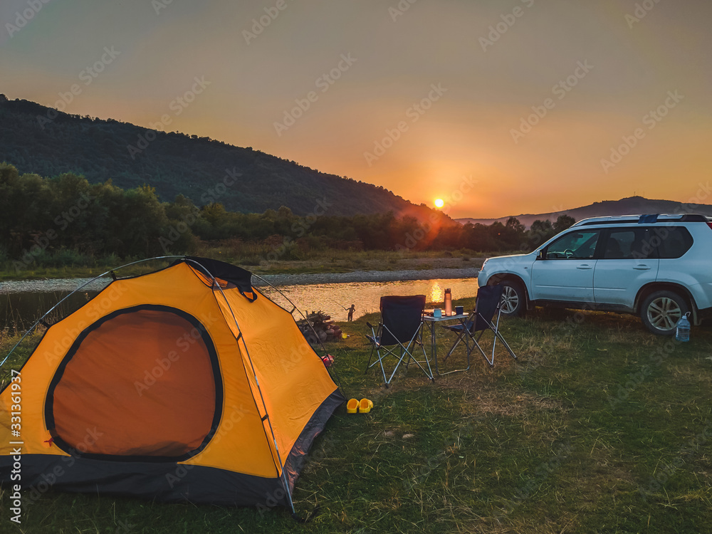 car travel concept camping place near mountains river - obrazy, fototapety, plakaty 