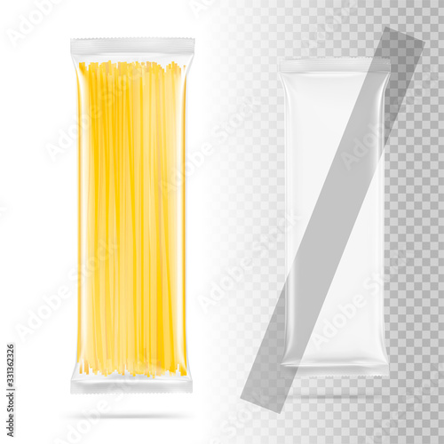 Transparent package with spaghetti pasta isolated on white background. Vector illustration. Can be use for template your design, promo, adv. EPS10.	