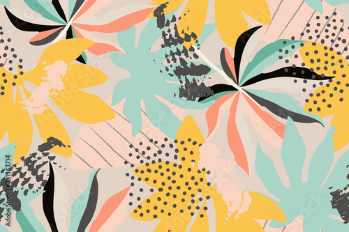 Bright, multi-color seamless pattern with elements of tropical leaves. Modern abstract collage.