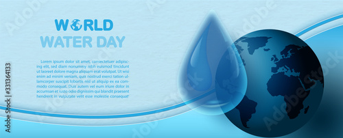 Closeup giant water droplet on the blue globe with wording of World water day, example texts and abstract paper pattern background