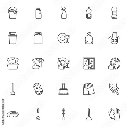 Cleaning service line icons set. linear style symbols collection, outline signs pack. Maid service vector graphics. Set includes icons as cleaning mop and dustpan, brush, rug, detergent powder, gloves
